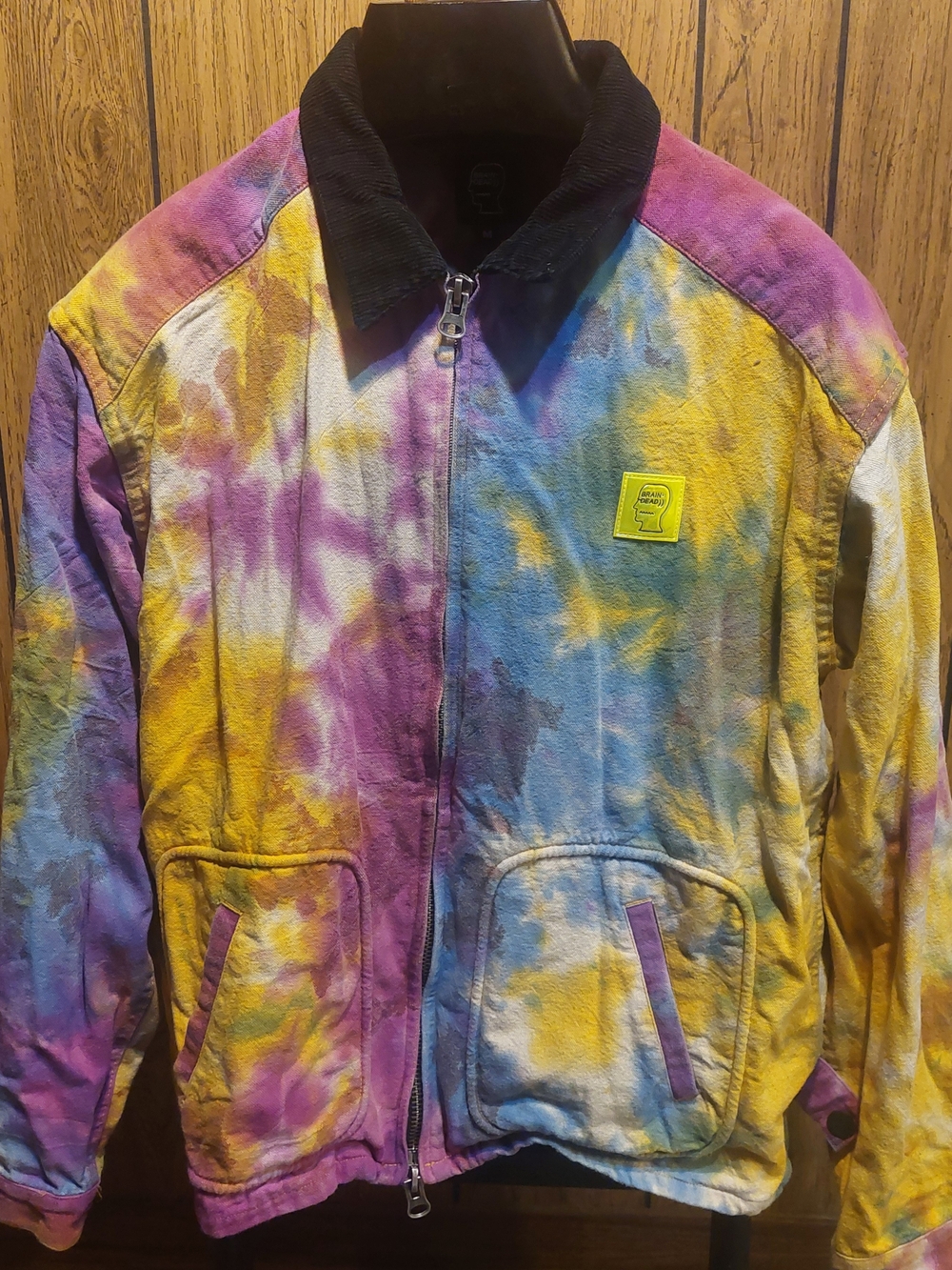Brain Dead Multicolor Tie-Dye Jacket in Purple, Yellow & Blue Corduroy Collar